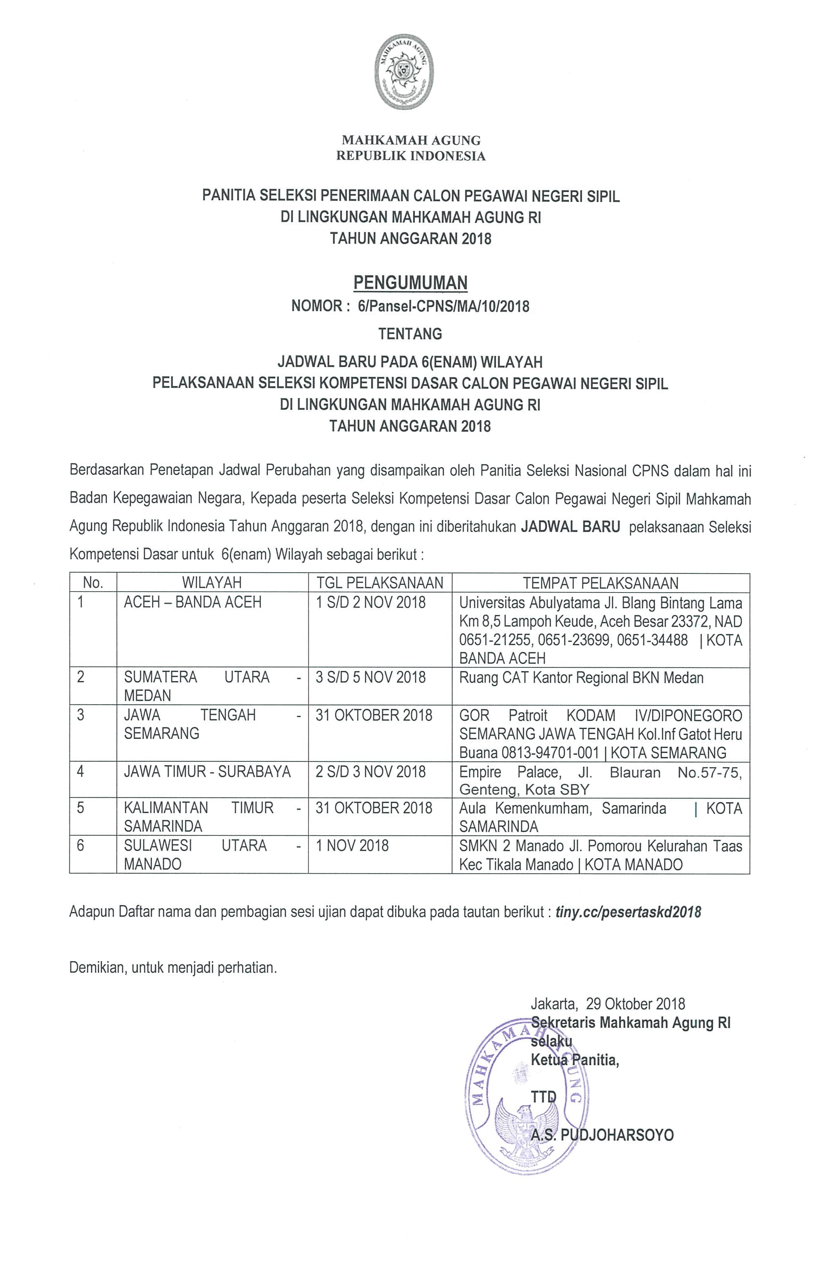 PENGUMUMAN JADWAL BARU PADA 6 WILAYAH PELAKSANAAN SKD CPNS MA 1 1